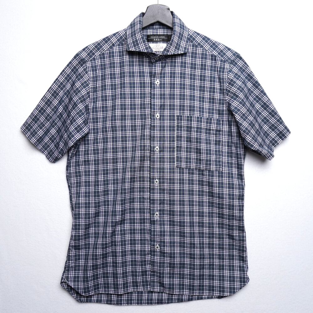 Hiromichi Nakano Short Sleeve Cutaway Collar Shirt Blue/Green Plaid 100% Cotton‎